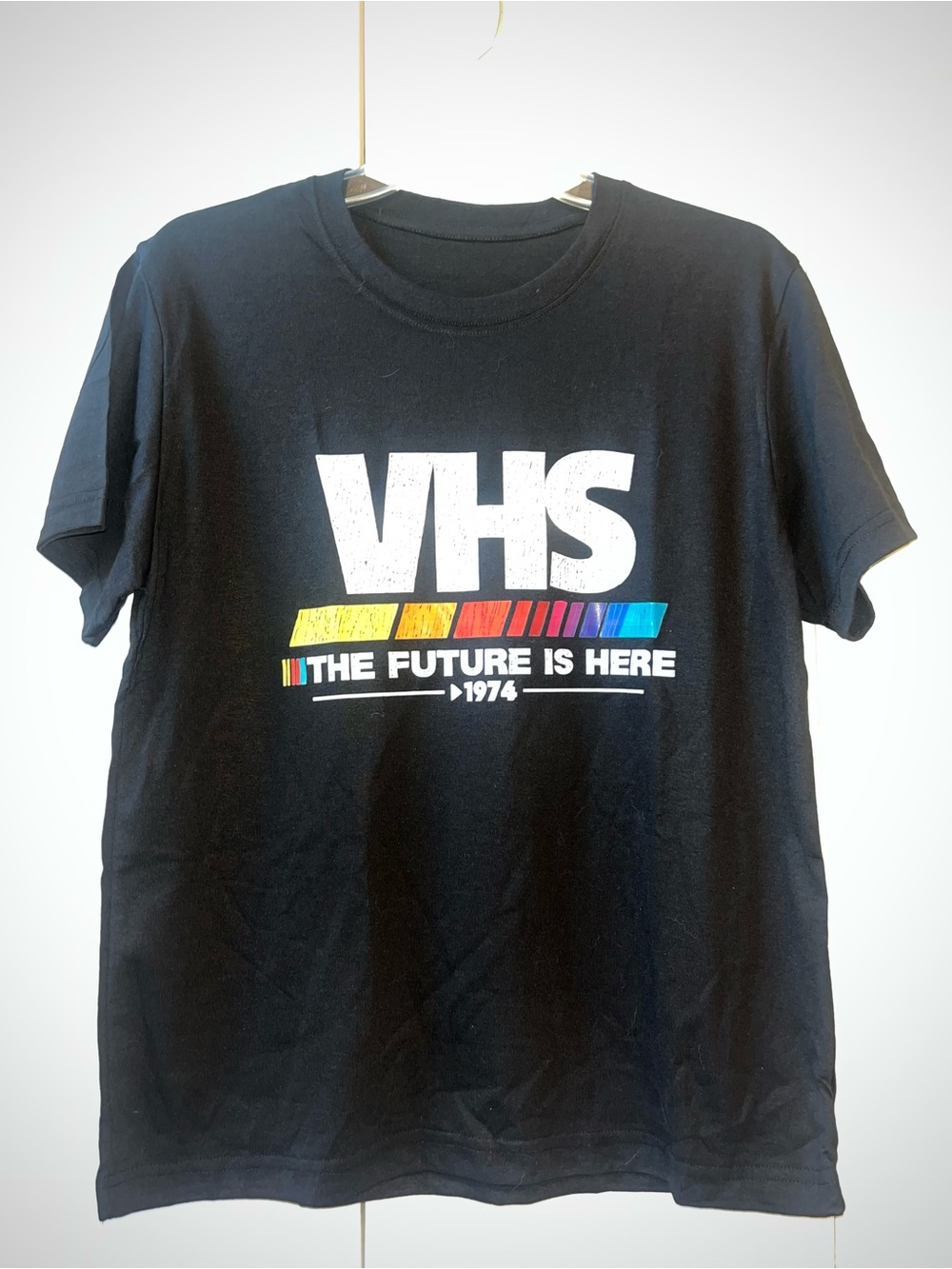Vintage 1974 VHS Logo The Future Is Here Black Tee, Men’s Theowback T-Shirt, S